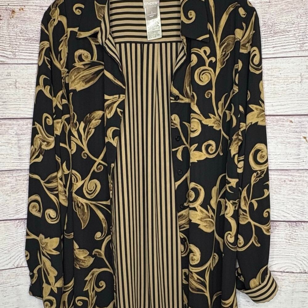 Chico's Black & Gold Reversible Button Up Timeless Classic Shirt Size 2 Large - Picture 7 of 15